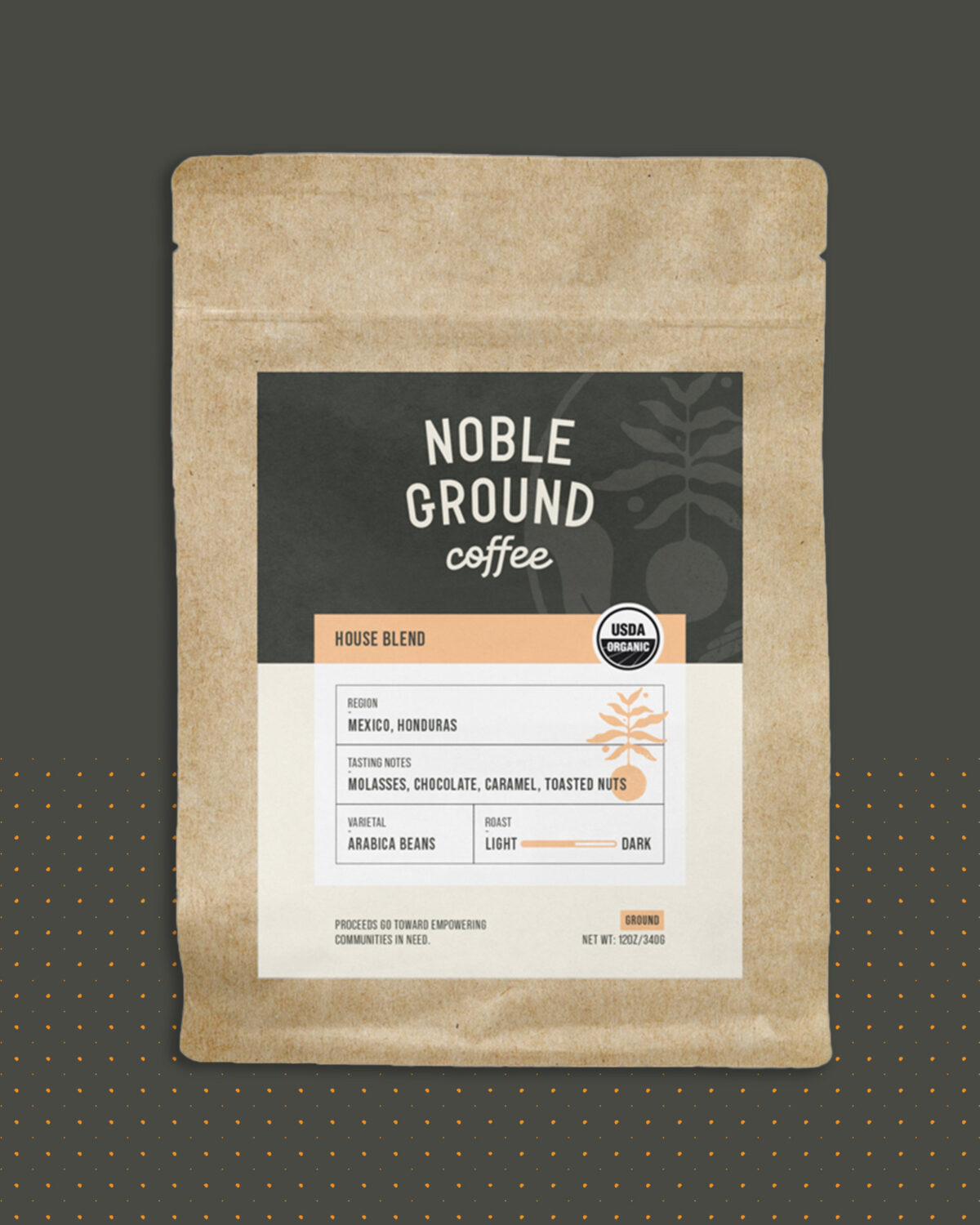 House Blend bag of coffee with Noble Ground Logo